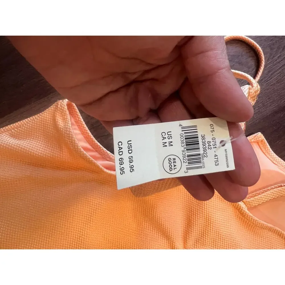 Aerie Shine Pique V-Wire Cut-Out One Piece Swimsuit Peach Orange Textured M NWT